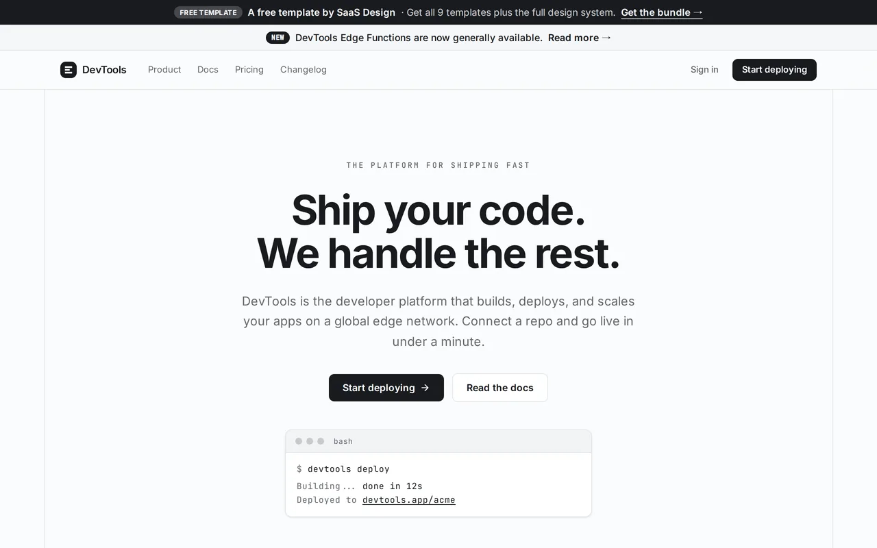 Actual API output: screenshot of a SaaS landing template